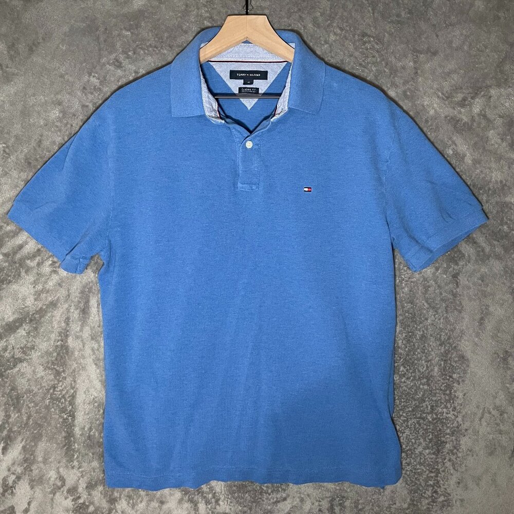 Tommy Hilfiger Blue Polo Shirt Mens Large 100% Cotton Collared Flag Logo